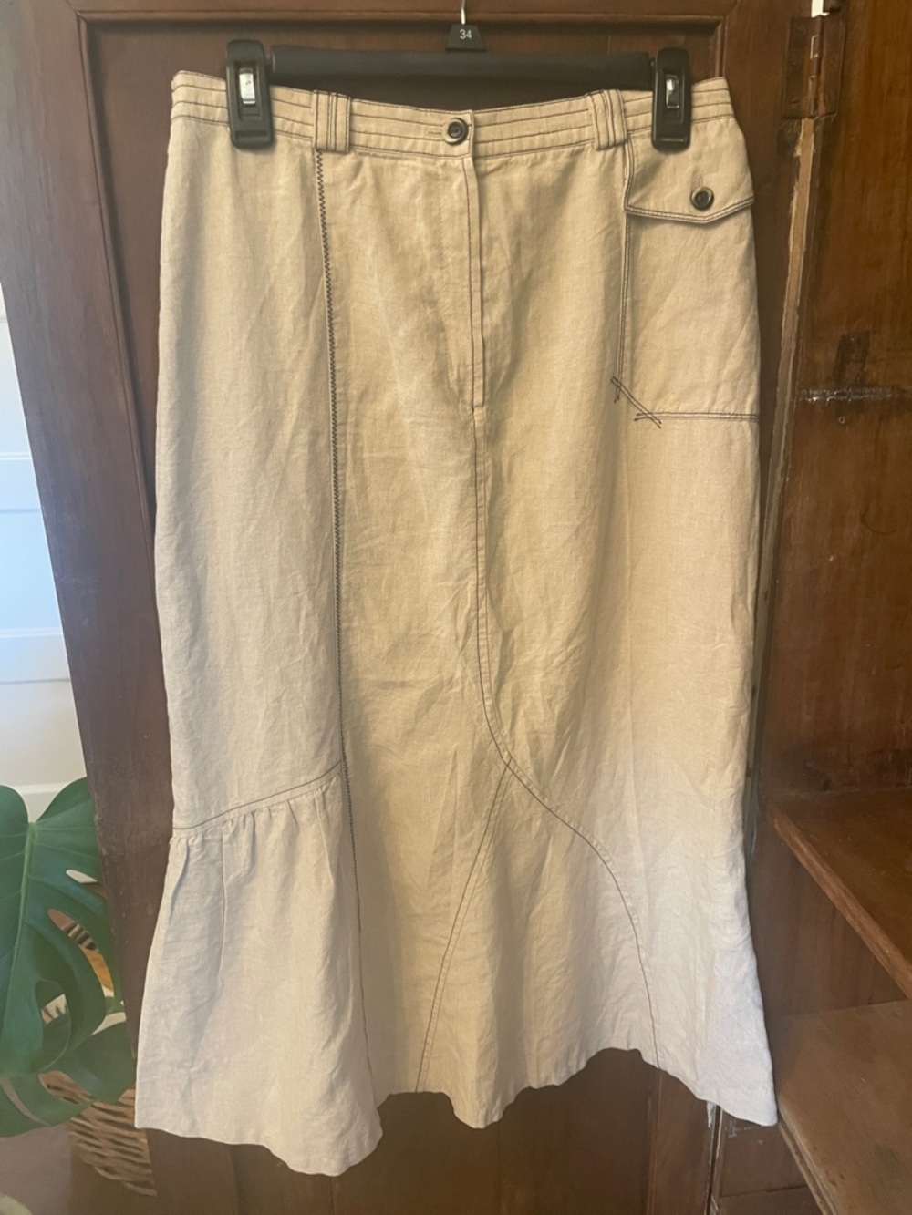 Beige Linen-Blend Midi Skirt with Panel Detail